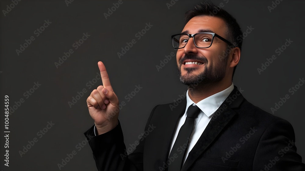 Businessman wear classic formal black suit shirt tie work in office point index finger aside on area isolated on plain black background studio portrait. Copy space at his hand for promotion and advert Businessman wear classic formal black suit shirt tie work in office point index finger aside on area isolated on plain black background studio portrait. Copy space at his hand for promotion and advert