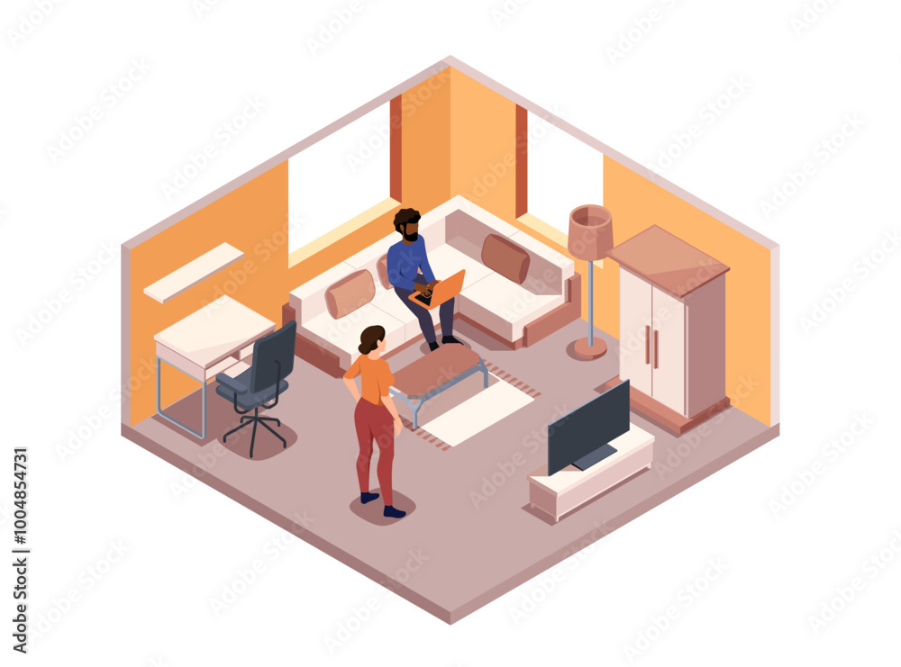 Living room isometric. Top view at apartment with man and woman inside. Building project and template. Interior design of apartment. 3D vector illustration isolated on white background Living room isometric. Top view at apartment with man and woman inside. Building project and template. Interior design of apartment. 3D vector illustration isolated on white background