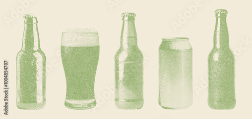 Set of stippled beer elements in retro style. Can, bottle, glass. Photocopy effect, vintage dotted texture. Perfect for craft beer branding, packaging, illustrations in bars, breweries, and pubs.