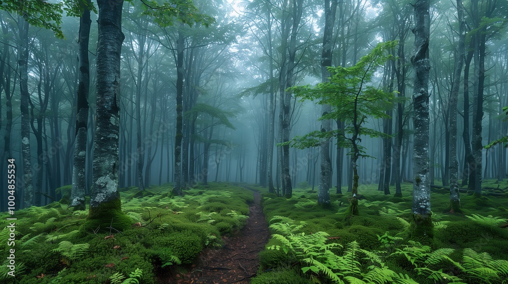 Forest covered with fog and sun rays passing through the leaves and trunks. Forest covered with fog and sun rays passing through the leaves and trunks.