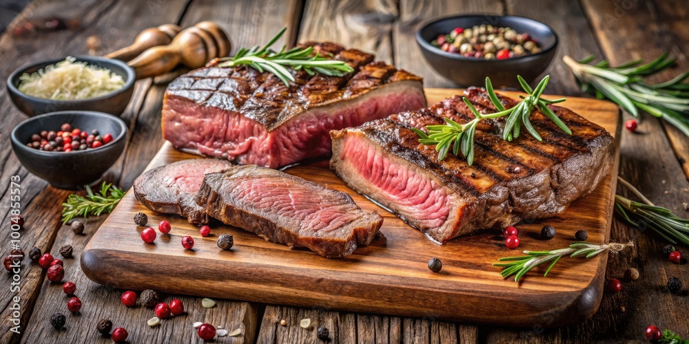 Freshly Grilled Sirloin and Bavette Steaks on a Wooden Cutting Board with Herbs and Spices