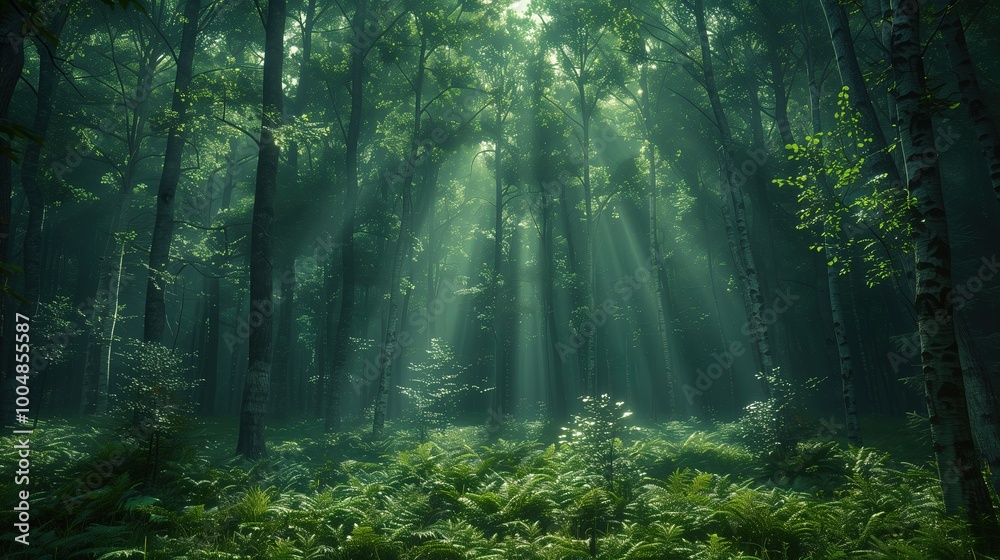 Obraz premium Forest covered with fog and sun rays passing through the leaves and trunks.