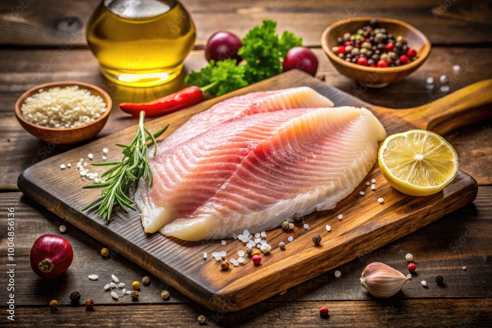 Fresh Raw Tilapia Fillet Ready for Cooking on a Wooden Cutting Board with Seasoning Ingredients