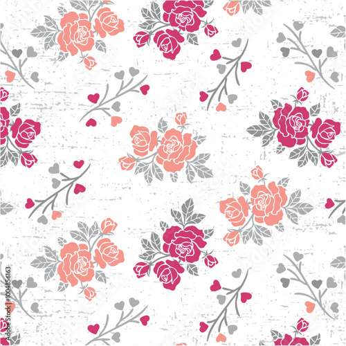 Bunch of roses and heart with leaves branches pattern