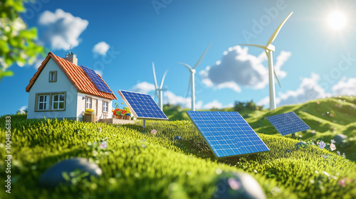 3D Illustration of a Clean Energy Concept with Solar Panels, Wind Turbines, generative ai