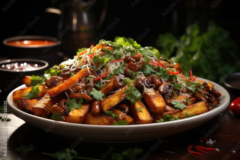 Chinese kale fries with shiitake mushroom, generative IA Chinese kale fries with shiitake mushroom, generative IA