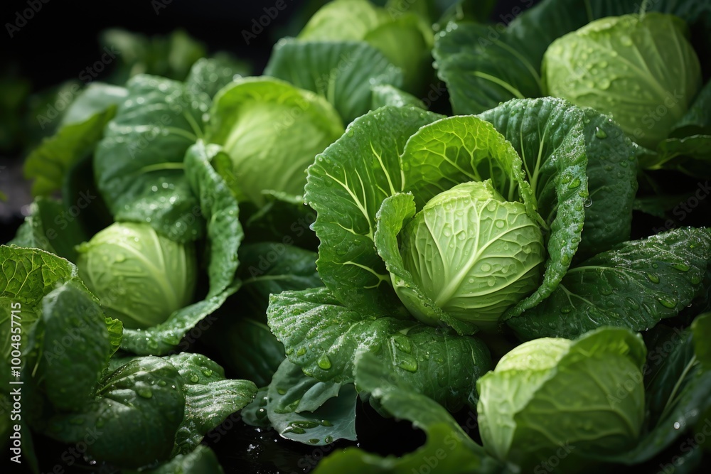 Colorful cabbage cabins and green leaves on gray background, generative IA Colorful cabbage cabins and green leaves on gray background, generative IA