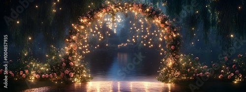 Enchanting Floral Wedding Arch with Lights Over Water at Night.