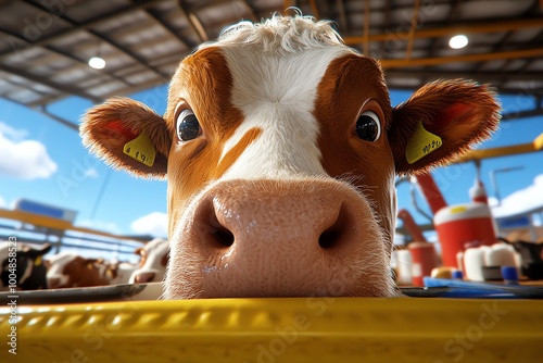 Hyper-realistic rural dairy farm, with detailed shots of cows being milked and dairy products processed, contributing to the local economy