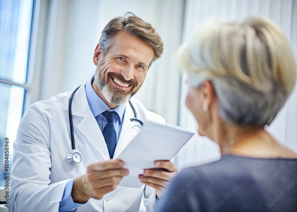 Fototapeta premium Happy Doctor Smiling While Providing Prescription to Patient in Medical Office at Healthcare Facility