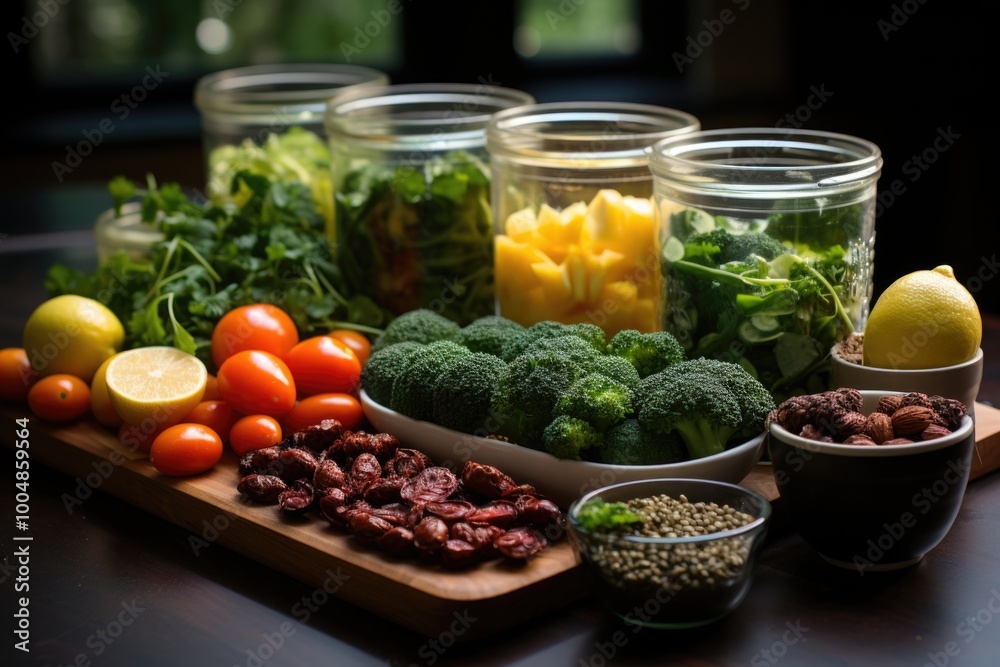 Vegan containers for the preparation of green meals with rice, green beans, Brus, generative IA Vegan containers for the preparation of green meals with rice, green beans, Brus, generative IA