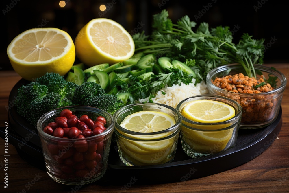 Vegan containers for the preparation of green meals with rice, green beans, Brus, generative IA Vegan containers for the preparation of green meals with rice, green beans, Brus, generative IA