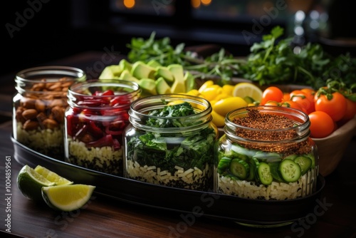 Vegan containers for the preparation of green meals with rice, green beans, Brus, generative IA