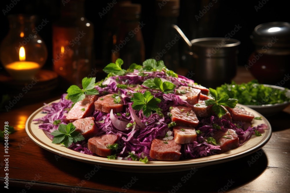 Salad with chopped purple cabbage and cable meats., generative IA Salad with chopped purple cabbage and cable meats., generative IA