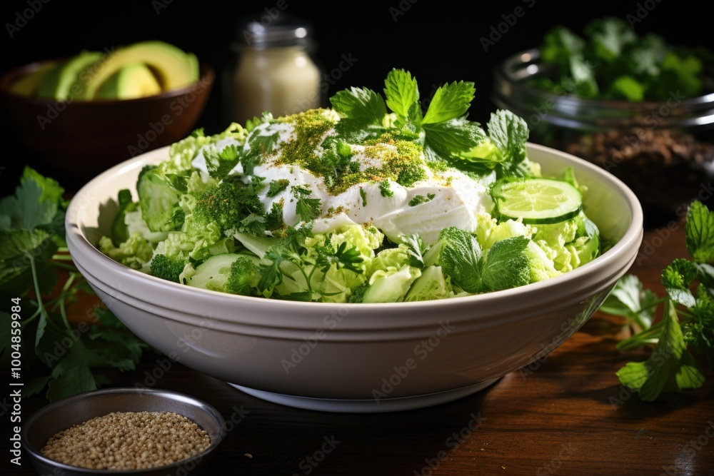 Healthy green cabbage salad in white bowl, generative IA Healthy green cabbage salad in white bowl, generative IA
