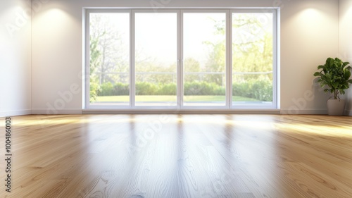 A large room with a window and a potted plant