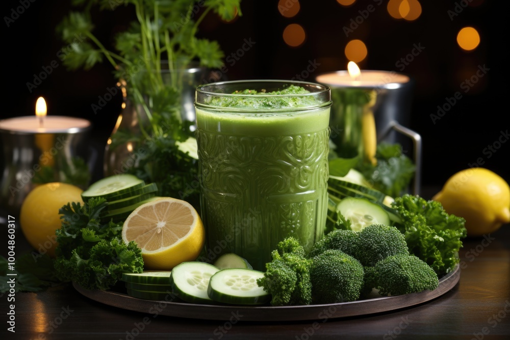 Smoothie of healthy green vegetables prepared with spinach, kale and cucumber mi, generative IA Smoothie of healthy green vegetables prepared with spinach, kale and cucumber mi, generative IA