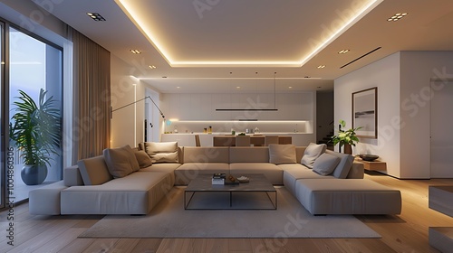 Spacious modern living room with soft lighting, clean lines, and a cozy sectional sofa