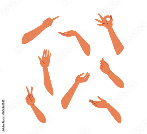 Young guy constructor. Pack of hands. Expressions and gesture. Kit of arms for creating animations. Hipster with brown hairs. Flat vector collection isolated on white background