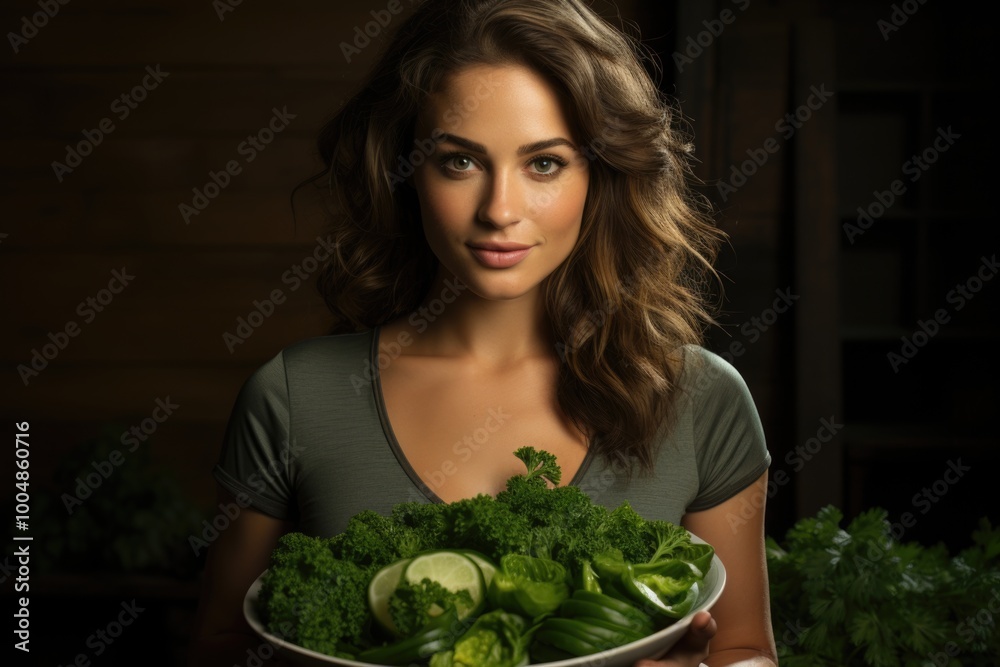 A woman holds a plate with cucumber, kale, parsley and green beans closeup, generative IA A woman holds a plate with cucumber, kale, parsley and green beans closeup, generative IA
