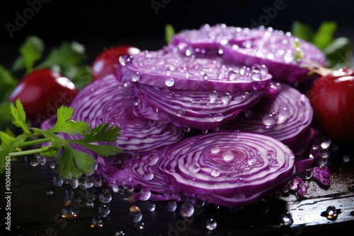 Front view of sliced ??vegetables of fresh purple cabbage on the dark table Matu, generative IA photo