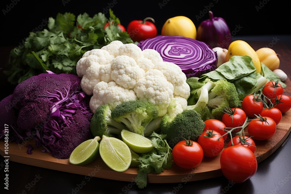 Lower view chopped vegetables peppers green tomatoes red cabbage cauliflower oni, generative IA Lower view chopped vegetables peppers green tomatoes red cabbage cauliflower oni, generative IA