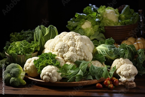 Lower view fresh vegetables green green tomato cauliflower cauliflower cauliflow, generative IA photo