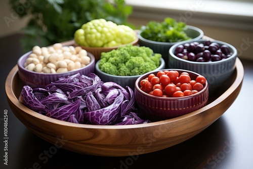 Superior View Vegetable Cut Purple Green Tomato Purple Purple Pepper Lemon Cabba, generative IA photo