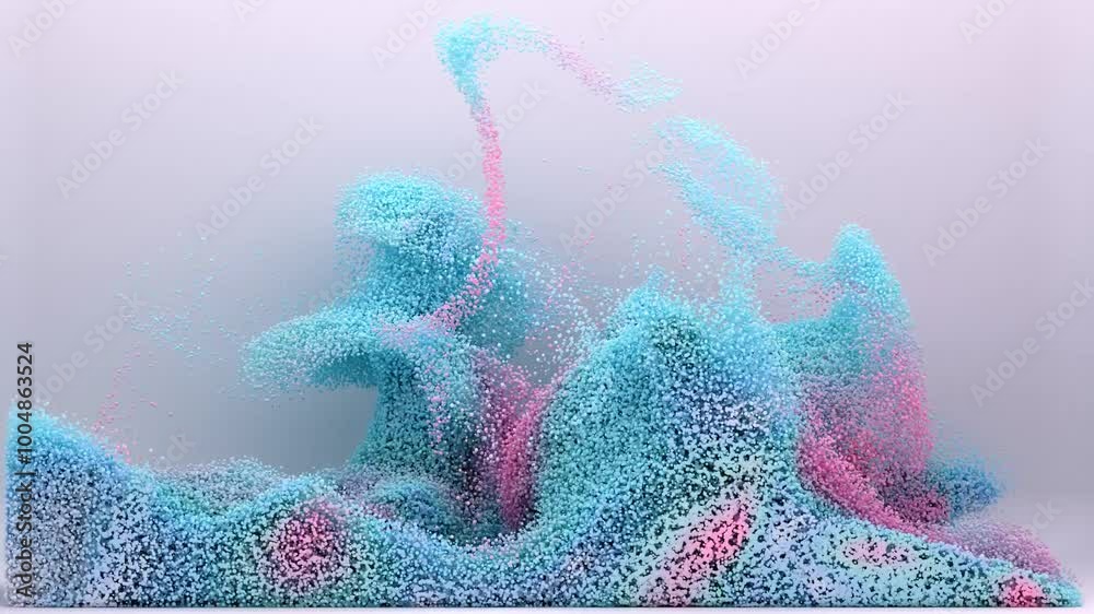 3d render of abstract art video animation 3d background with surreal motion moving festive wavy party balls sphere particles liquid substance in blue purple yellow gradient color in rectangle shape