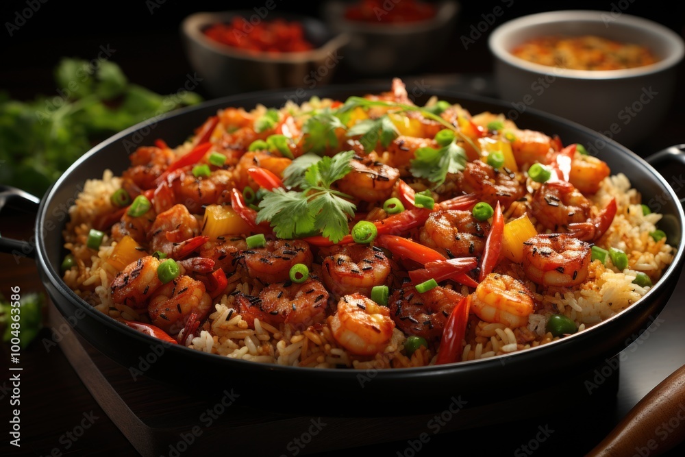 Fried shrimp rice with peas, carrots, eggs and soy sauce, generative IA Fried shrimp rice with peas, carrots, eggs and soy sauce, generative IA