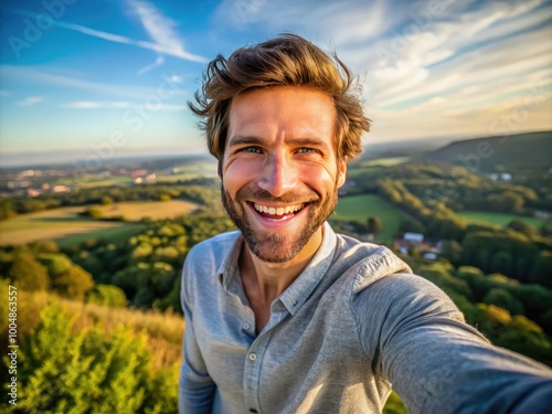 Joyful and Cheerful Male Portrait with Bright Smile in Natural Outdoor Setting Against Clear Sky