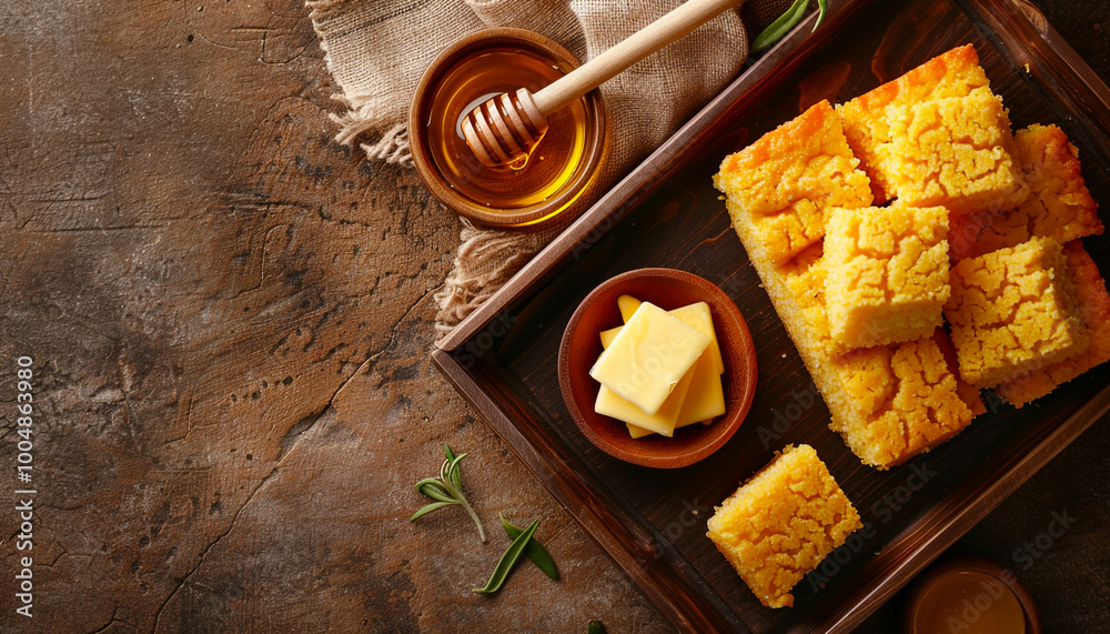 freshly-baked-cornbread-tray-butter-servings freshly-baked-cornbread-tray-butter-servings