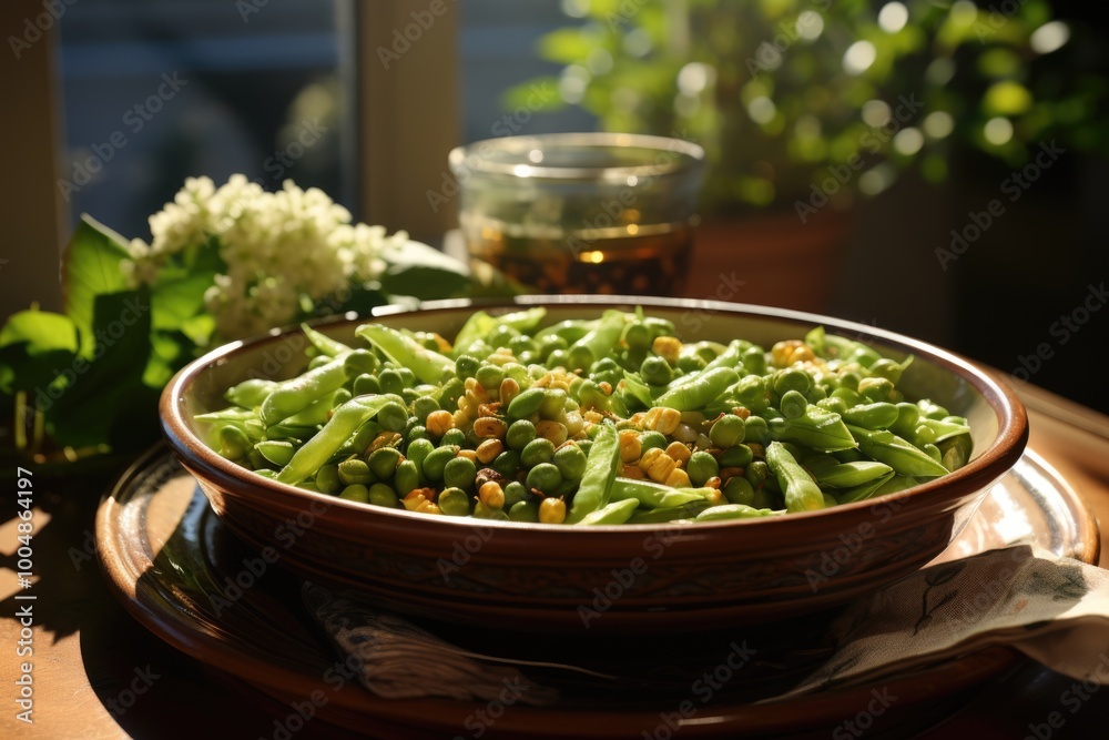Two bowls full with peas and corn seeds, generative IA Two bowls full with peas and corn seeds, generative IA