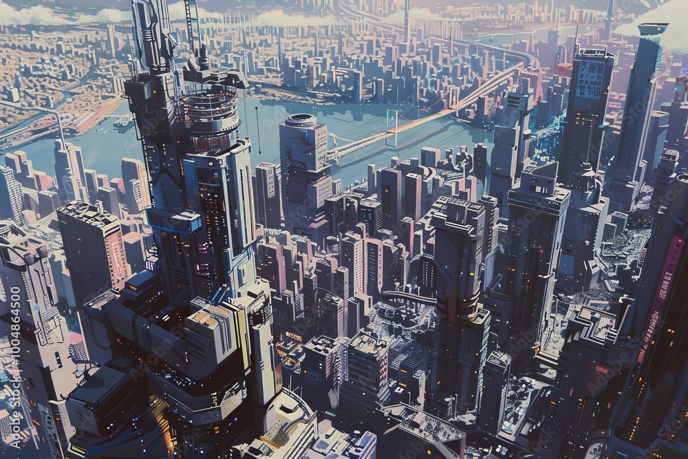 Fototapeta premium A stunning sci-fi environment set on a futuristic planet, featuring advanced technology and awe-inspiring landscapes that merge innovation and the unknown