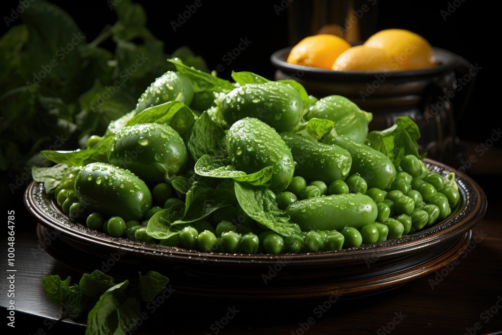 Isolated cooked fresh peas on a wooden plate. high quality photo, generative IA Isolated cooked fresh peas on a wooden plate. high quality photo, generative IA