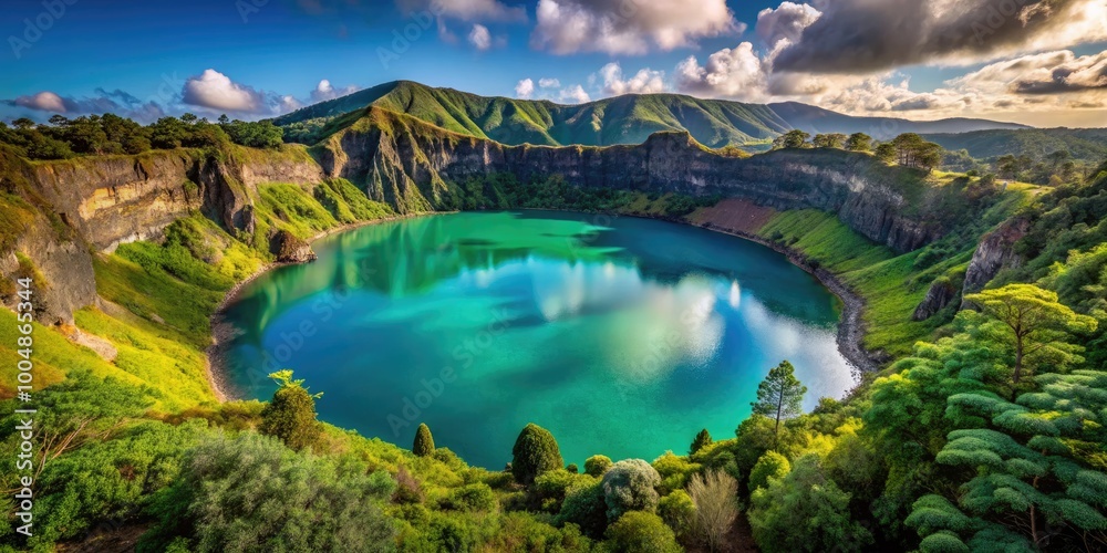 Fototapeta premium Keri Volcanic Crater with Turquoise Waters Surrounded by Lush Greenery on a Sunny Day in Nature