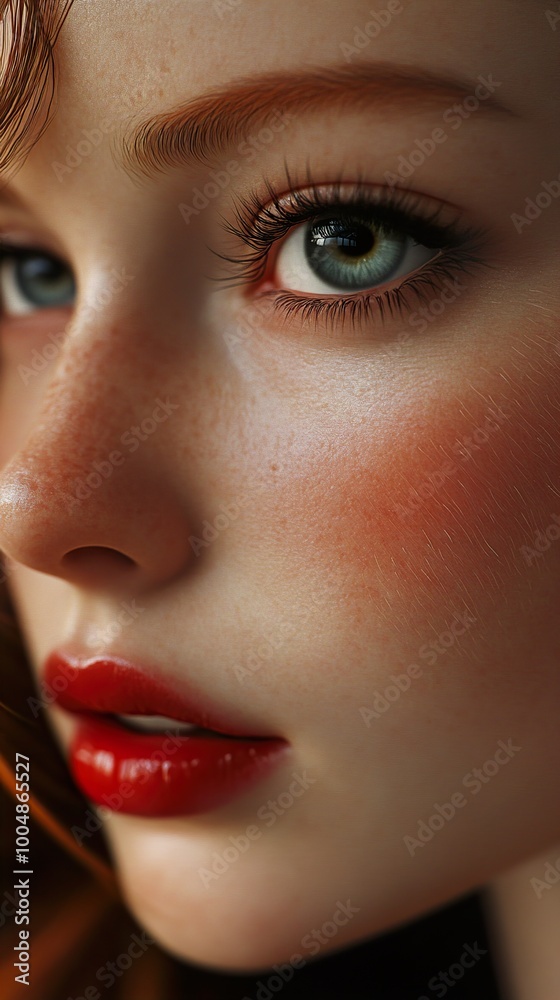 Close-up Portrait of a Woman with Red Lips and Intriguing Gaze Close-up Portrait of a Woman with Red Lips and Intriguing Gaze