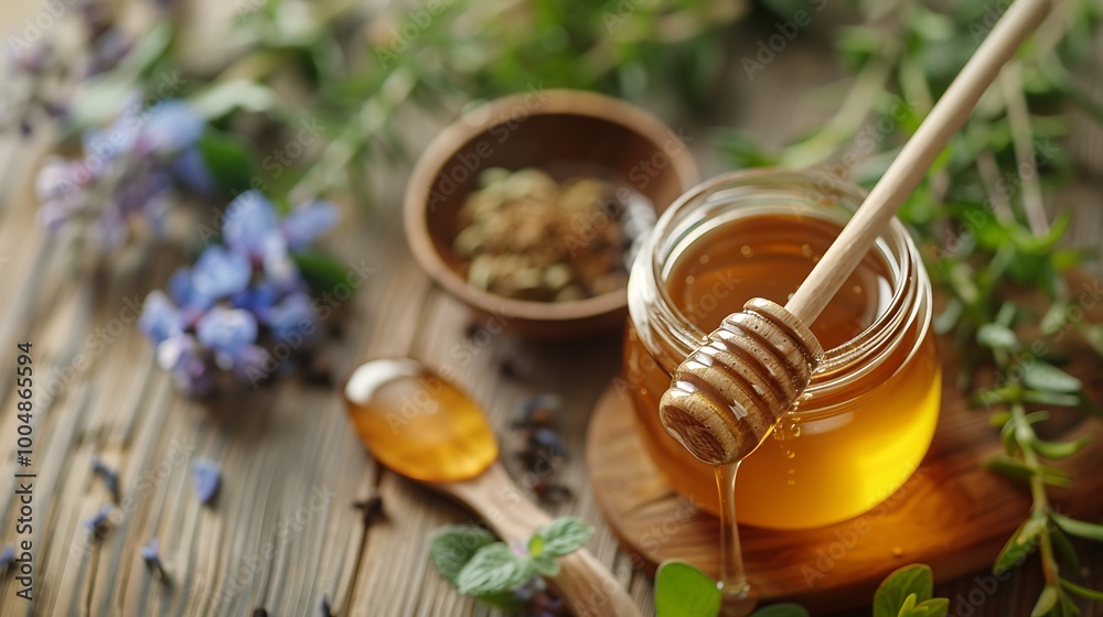 A captivating arrangement of a jar of honey with a dipper complemented by aromatic fresh herbs and spices set on a wooden table highlighting the essence of gourmet cooking A captivating arrangement of a jar of honey with a dipper complemented by aromatic fresh herbs and spices set on a wooden table highlighting the essence of gourmet cooking