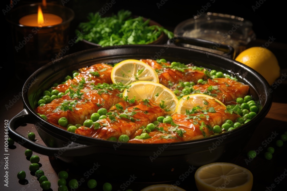 Fish fillets in tomato sauce, served with peas, lemon and herbs, generative IA Fish fillets in tomato sauce, served with peas, lemon and herbs, generative IA