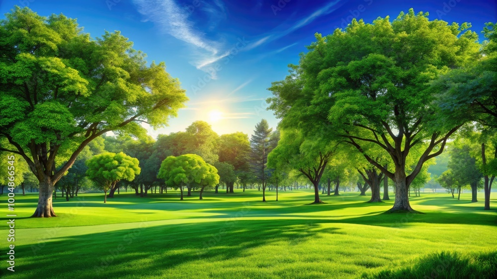 Lush Green Park Panorama with Vibrant Trees and Expansive Grass Field Under Clear Blue Sky Lush Green Park Panorama with Vibrant Trees and Expansive Grass Field Under Clear Blue Sky