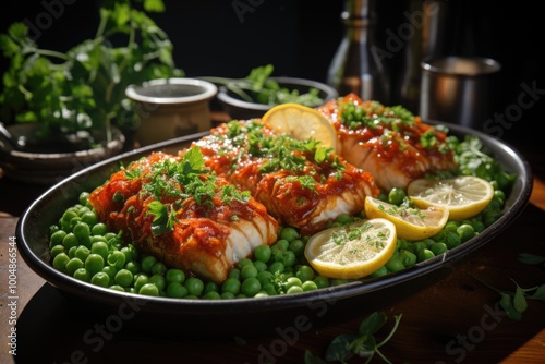 Fish fillets in tomato sauce, served with peas, lemon and herbs, generative IA