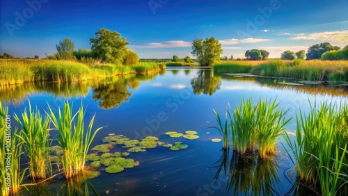 Lush Reeds and Vibrant Floating Aquatic Plants in a Serene Farm Pond Landscape Under Clear Sky