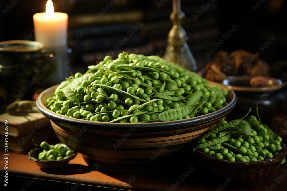 Stack of green pea in the bowl and table., generative IA