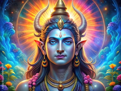 Majestic depiction of Indian deity Shiva surrounded by mystical elements and vibrant colors in art