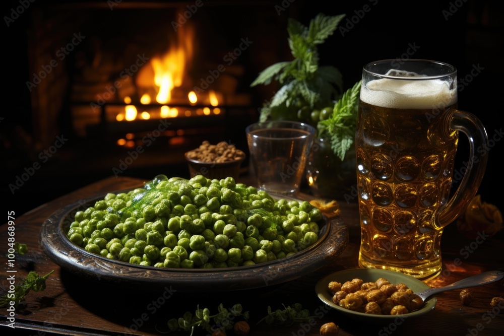 A blue wooden plate with ground stuffing with peas and herbs, generative IA A blue wooden plate with ground stuffing with peas and herbs, generative IA