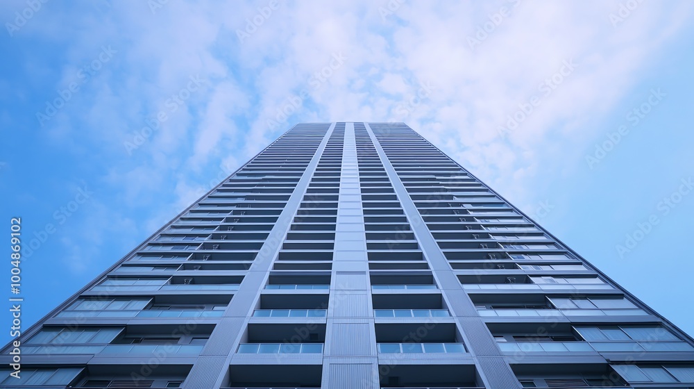 A low angle view of a tall building against a clear blue sky. A low angle view of a tall building against a clear blue sky.