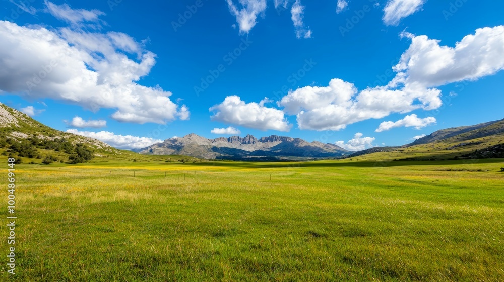 A large, open field with a clear blue sky and a few clouds A large, open field with a clear blue sky and a few clouds