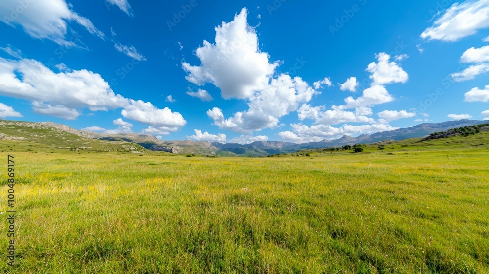A large, open field with a clear blue sky and fluffy clouds A large, open field with a clear blue sky and fluffy clouds