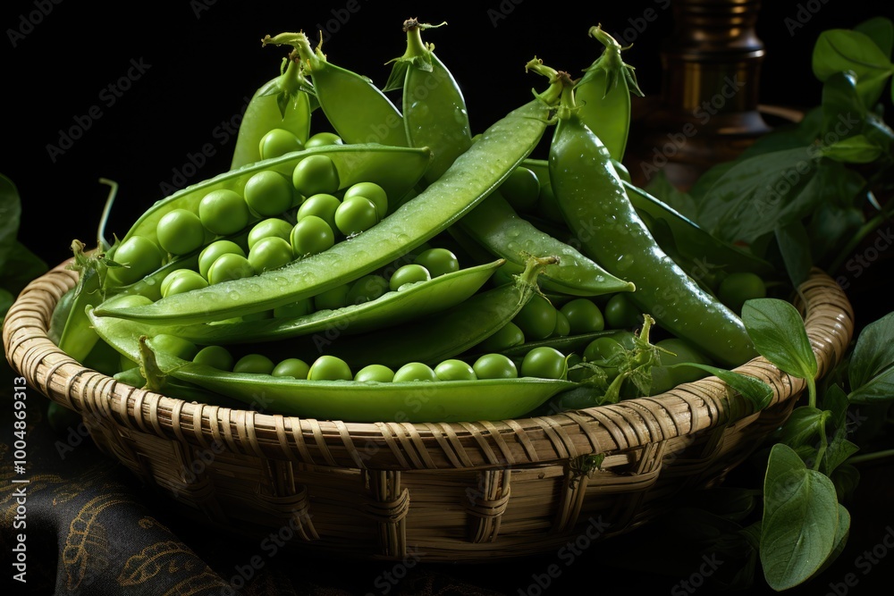 Fresh green pea pods and green pea, generative IA Fresh green pea pods and green pea, generative IA