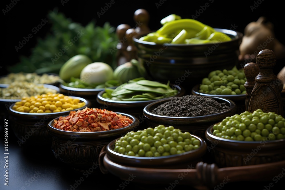 Different peas and different spices in small bowls cut vegetables on the gray ta, generative IA Different peas and different spices in small bowls cut vegetables on the gray ta, generative IA
